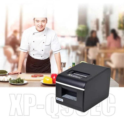 Xprinter 58mm Portable Thermal Receipt Printer for Business shown on a restaurant counter with chef in background
