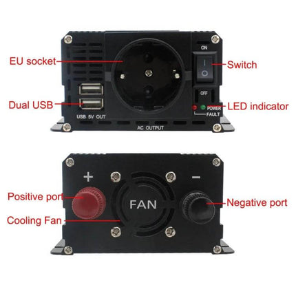 Versatile Car Inverter for Powering Appliances on the Go - front EU socket, dual USB, switch, LED indicator and rear cooling fan with positive/negative ports
