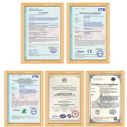 Versatile Car Inverter for Powering Appliances on the Go displayed beside framed certification documents showing compliance and safety approvals