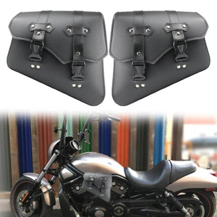 Motorcycle Side Box Bag Leather PU Waterproof Tool Storage - pair of black PU leather side tool bags mounted on cruiser motorcycle