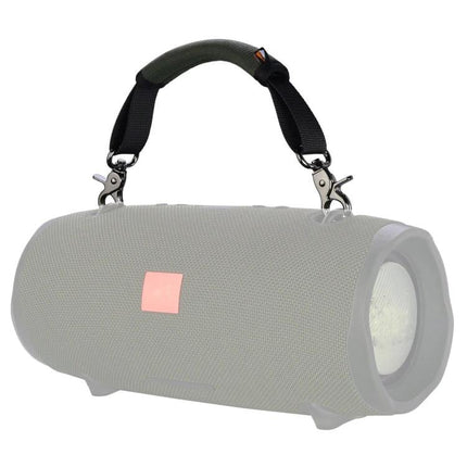 Portable Speaker Lanyard For Hands Free Outdoor Carry securing a JBL-style speaker with non-slip nylon strap and zinc hook