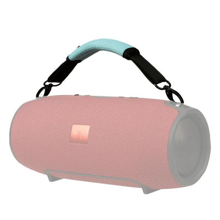 Portable Speaker Lanyard For Hands Free Outdoor Carry secured to pink JBL-style speaker with nylon webbing and zinc alloy hook