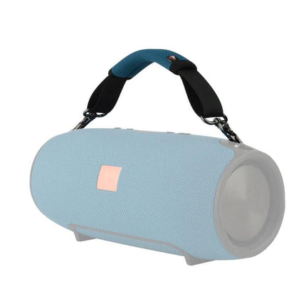 Portable Speaker Lanyard For Hands Free Outdoor Carry attached to blue JBL-style portable Bluetooth speaker for hikes