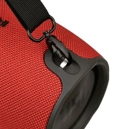 Portable Speaker Lanyard For Hands Free Outdoor Carry securing red JBL-style speaker with nylon strap and zinc alloy hook, non-slip design