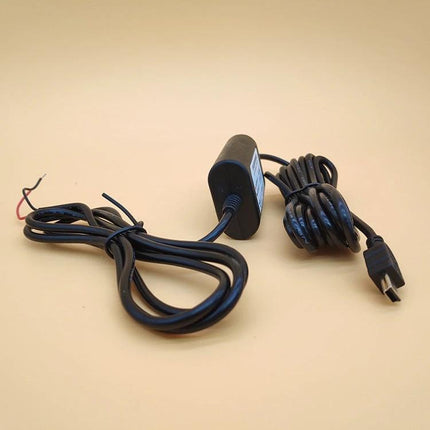 Power Cable for Car Electronics During Daily Drives and Parking - black inline adapter with micro-USB plug and vehicle wiring for dash cams and navigation