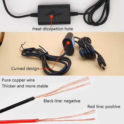 Power Cable for Car Electronics During Daily Drives and Parking - black curved design with heat dissipation hole, red positive and black negative pure copper wires