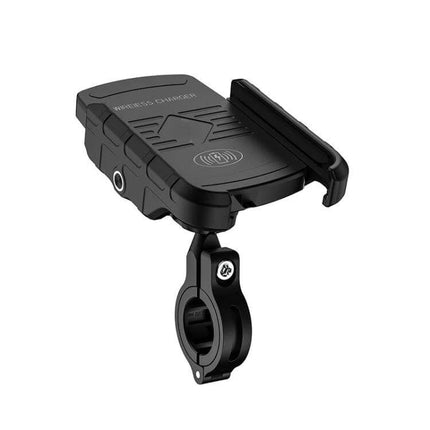M9 Motorcycle Phone Mount With 15W Wireless Charging black handlebar mount showing wireless charging pad and clamp