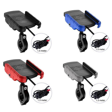 M9 Motorcycle Phone Mount With 15W Wireless Charging showing four color options (black, blue, red, gray) with handlebar clamp and 1.5m power cable