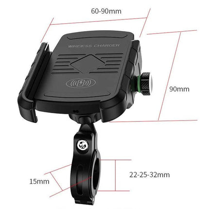 M9 Motorcycle Phone Mount With 15W Wireless Charging - black motorcycle phone holder with dual-coil Qi charger and adjustable 22-32mm clamp