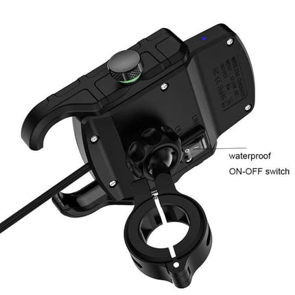 M9 Motorcycle Phone Mount With 15W Wireless Charging shown mounted to handlebars with waterproof on-off switch and clamp