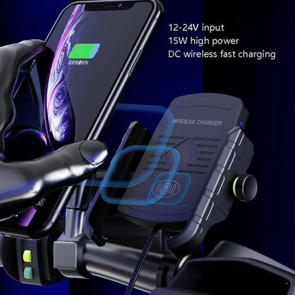 M9 Motorcycle Phone Mount With 15W Wireless Charging securely holds 3.5–6.5in phone on handlebar with dual-coil Qi fast charging and case-friendly design