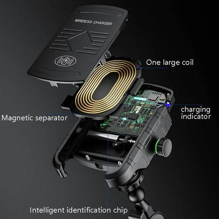 M9 Motorcycle Phone Mount With 15W Wireless Charging showing exploded view of large coil, circuit board, magnetic separator, and mounting clamp