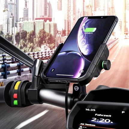 M9 Motorcycle Phone Mount With 15W Wireless Charging securely mounted on bike handlebar showing phone charging and navigation view