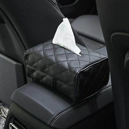 Leather Car Tissue Box Holder Set Of 2 For Sun Visor - black quilted leather tissue box placed on car center armrest, compact 17.5x12x8.5 cm