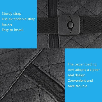 Leather Car Tissue Box Holder Set Of 2 For Sun Visor close-up of leather texture, zipper paper-loading port and extendable strap buckle