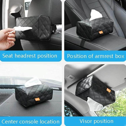 Leather Car Tissue Box Holder Set Of 2 For Sun Visor - black quilted leather tissue holder showing visor, headrest, armrest, and console positions
