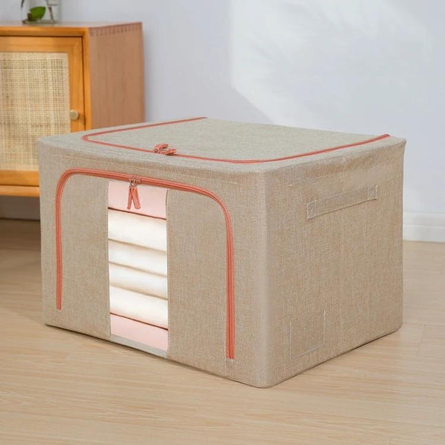Storage Box With Window For Quilts And Clothes Everyday Use - beige cotton-linen organizer with front clear window and waterproof lining