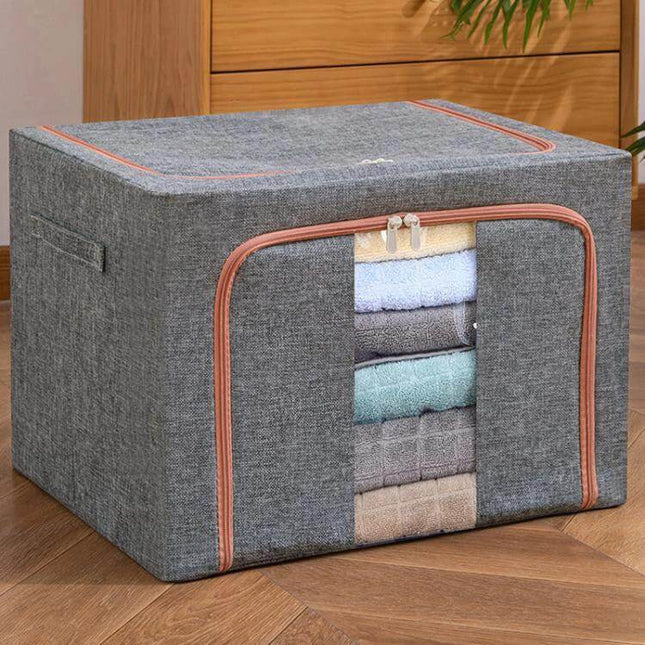 Storage Box With Window For Quilts And Clothes Everyday Use - gray cotton-linen organizer with clear front window showing folded towels