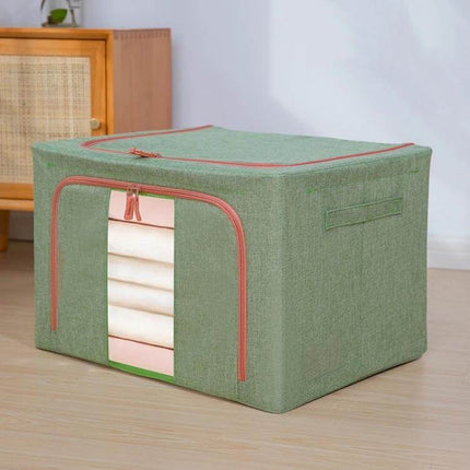 Storage Box With Window For Quilts And Clothes Everyday Use green cotton linen storage box with zipper and clear window showing folded quilts