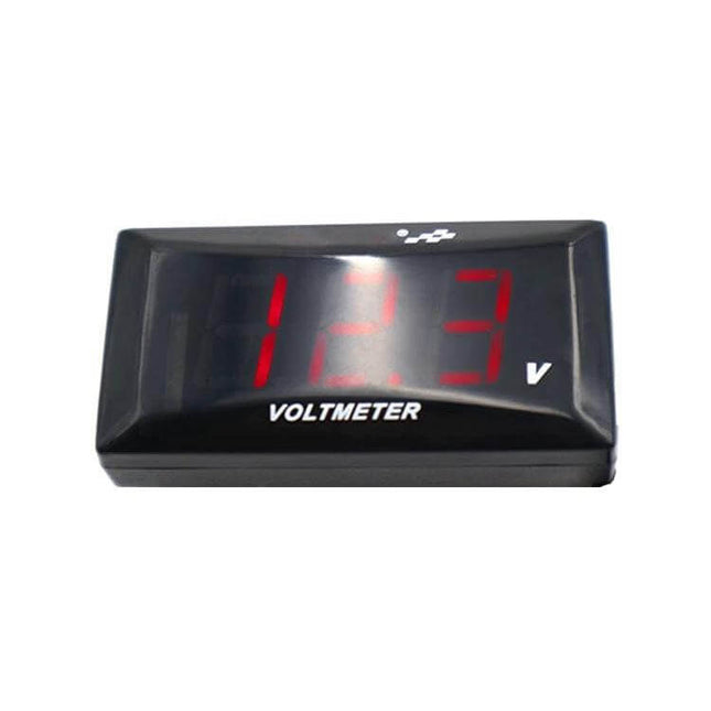 Motorcycle LCD Voltage Display With Bright Backlight showing 12.3V red digits on compact voltmeter for motorcycles
