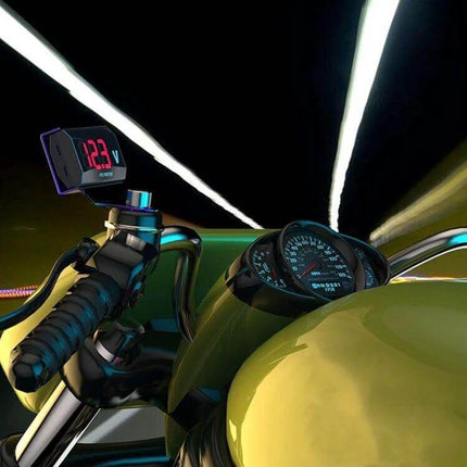 Motorcycle LCD Voltage Display With Bright Backlight showing 12.3V mounted on motorcycle handlebars for real-time battery monitoring