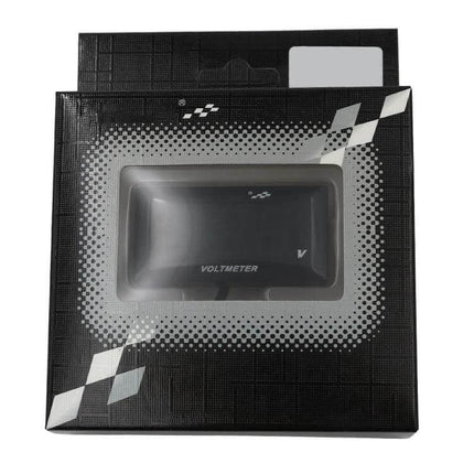 Motorcycle LCD Voltage Display With Bright Backlight showing compact voltmeter in black retail packaging, real-time 12–150V monitoring