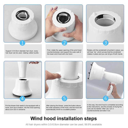 Universal Hair Diffuser For Blow Dryers, Rotatable Design white rotatable universal diffuser showing installation steps and honeycomb vents