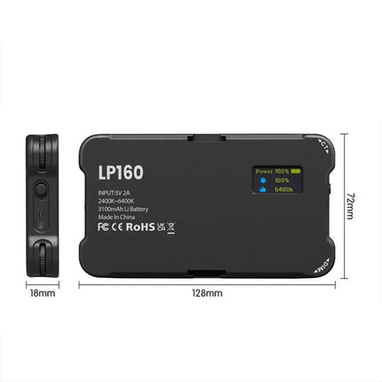 Compact Square Fill Light for Phone and Camera Photography showing black LP160 unit with dimensions 128x72x18mm and power/display info