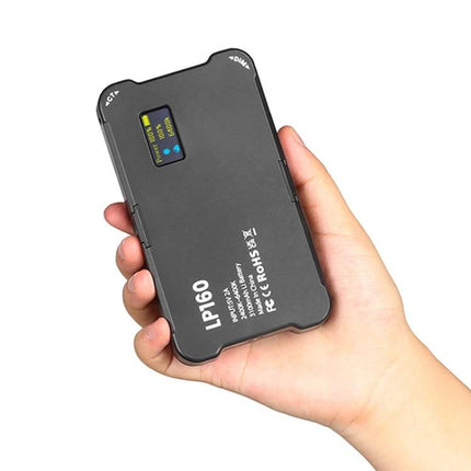 Compact Square Fill Light for Phone and Camera Photography shown handheld with LCD display, adjustable brightness for vlogging and low-light shots