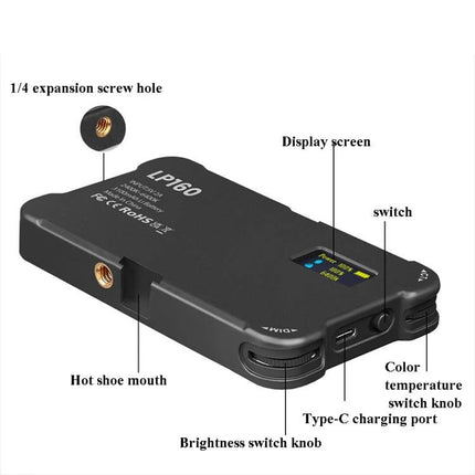 Compact Square Fill Light for Phone and Camera Photography — labeled diagram showing display, knobs, Type-C port, hot shoe and mounting holes