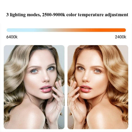 Compact Square Fill Light for Phone and Camera Photography showing 2500–9000K color temperature demo with cool and warm portrait lighting