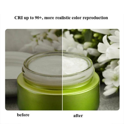 Compact Square Fill Light for Phone and Camera Photography showing before-and-after high CRI color reproduction on a jar close-up