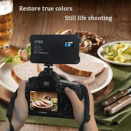 Compact Square Fill Light for Phone and Camera Photography mounted on camera showing still life food scene to reduce shadows and restore true colors