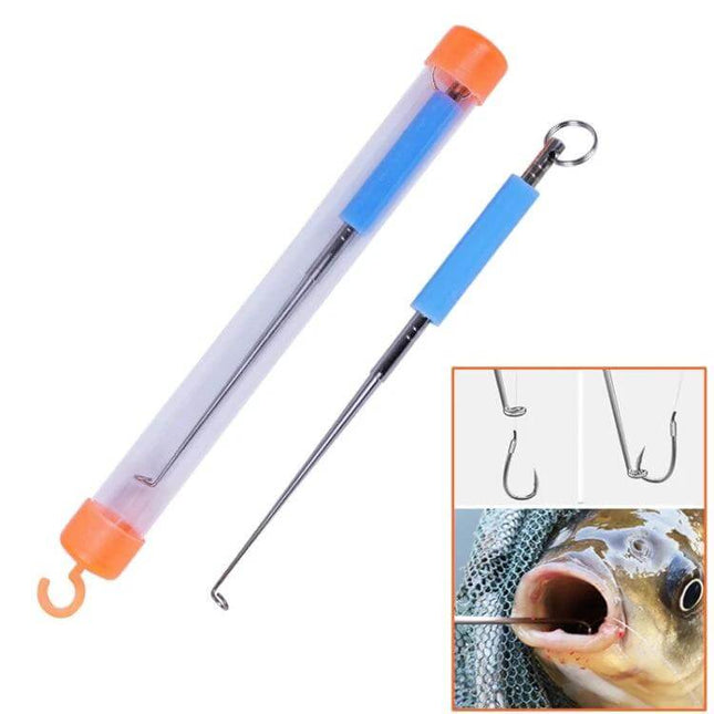 5 Pack Fishing Line Unhooker for Easy Hook Removal stainless steel spiral head with blue rubber handle and storage tube