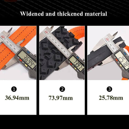 Emergency Car Escape Board for Mud, Snow, and Sand showing measurements of strap width and traction pad thickness with calipers