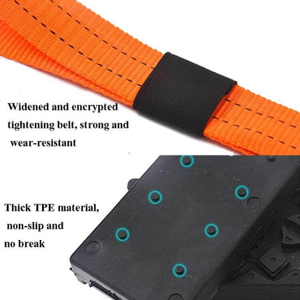 Emergency Car Escape Board for Mud, Snow, and Sand - orange tightening belt and thick TPE non-slip traction pad close-up