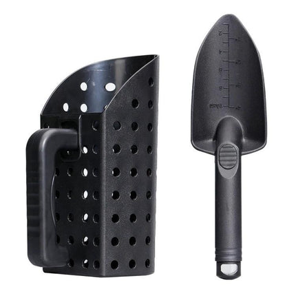 Lightweight Sand Scoop and Shovel Set for Metal Detecting black ABS hourglass sand scoop with digging shovel, perforated sifting scoop and compact trowel