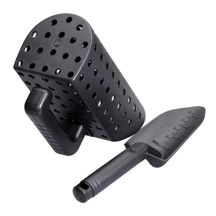 Lightweight Sand Scoop and Shovel Set for Metal Detecting – black ABS hourglass sand scoop with perforations and matching digging shovel