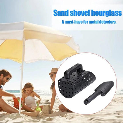 Lightweight Sand Scoop and Shovel Set for Metal Detecting - black ABS hourglass sand scoop and digging shovel on beach