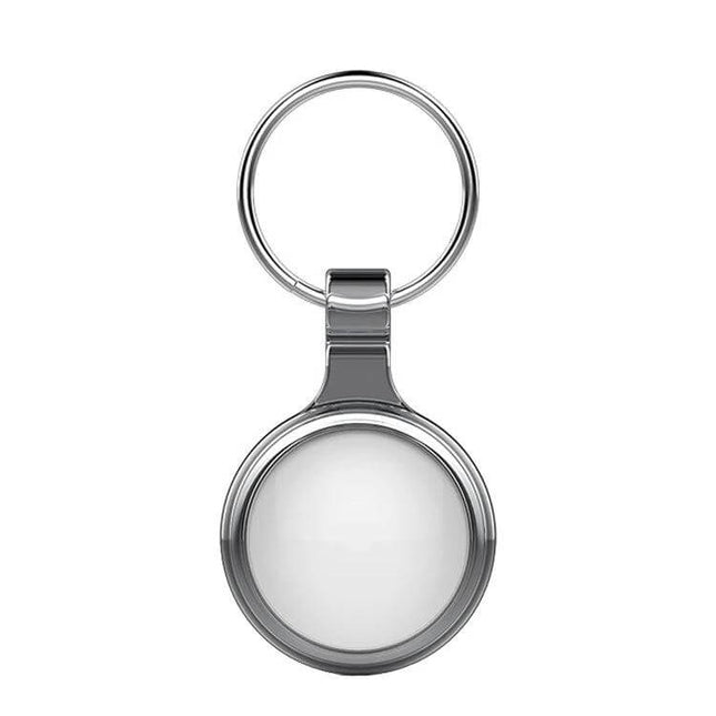 Keychain Tracker for Locating Lost Items with Bidirectional Alarm - silver round Bluetooth key fob on key ring