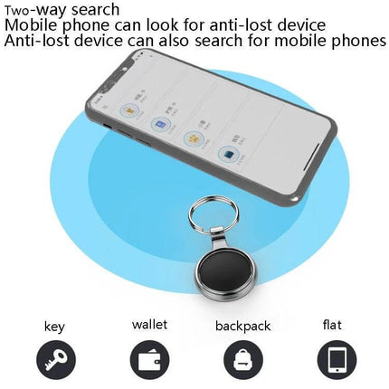 Keychain Tracker for Locating Lost Items with Bidirectional Alarm - Bluetooth key finder shown with phone app locating keys, wallet, backpack