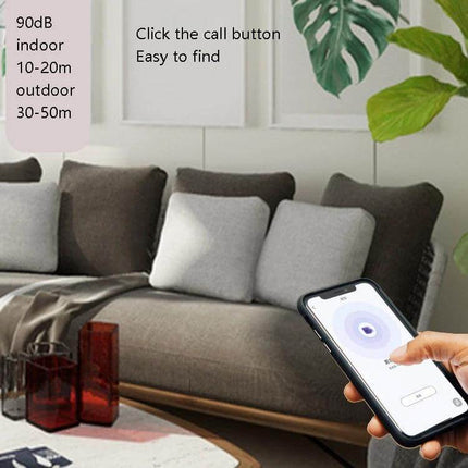 Keychain Tracker for Locating Lost Items with Bidirectional Alarm shown locating keys via smartphone app in living room