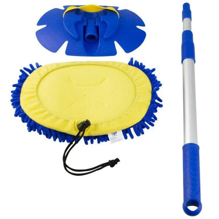 Royal Blue Telescopic Chenille Mop for Versatile Floor Cleaning - adjustable pole with blue chenille head and yellow microfiber pad for floors and cars
