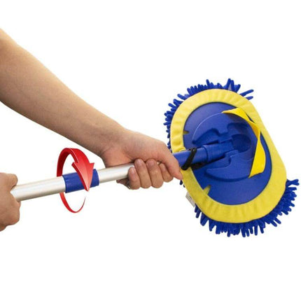 Royal Blue Telescopic Chenille Mop for Versatile Floor Cleaning - person holding adjustable mop head cleaning hard-to-reach areas