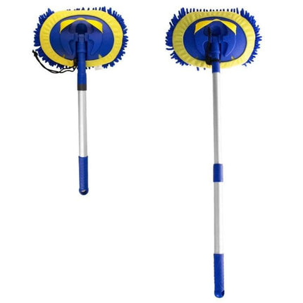 Royal Blue Telescopic Chenille Mop for Versatile Floor Cleaning showing handheld and extended reach positions, chenille head for floors and car exteriors
