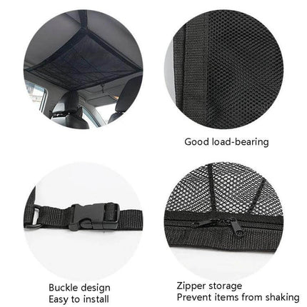 Car Ceiling Storage Net Bag 80x55cm For Easy Vehicle Storage - overhead polyester mesh with buckles and double zipper for secure cabin storage