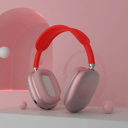 Bluetooth Wireless Headset With Memory Card Slot For Hands Free Calls pink over-ear headset with red headband and control buttons