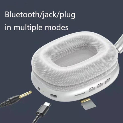 Bluetooth Wireless Headset With Memory Card Slot For Hands Free Calls showing ear cushion, AUX jack, USB-C and TF card slot