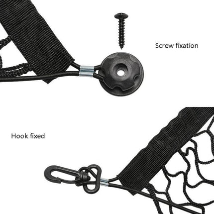 General Car Trunk Net Kit For Stable Storage 70x70cm showing nylon net, elastic cords, screw fixation and hook fixed for trunk organization