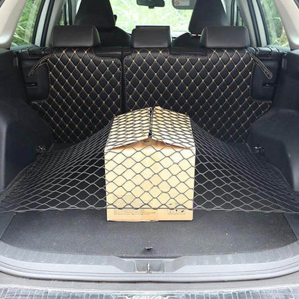 General Car Trunk Net Kit For Stable Storage 70x70cm stretched over trunk holding a box to prevent shifting and organize cargo